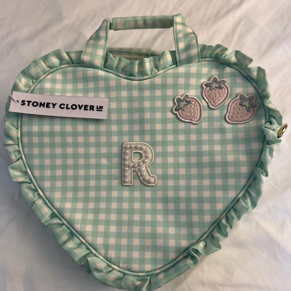 Stoney Clover Lane Heart Shape Mint Picnic Nylon Lined Gingham Bag Initial R NWT
